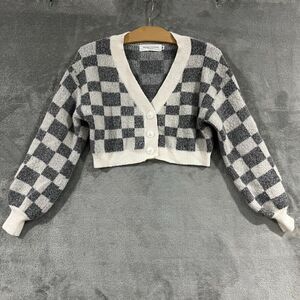 Nectar Clothing Cardigan Crop Sweater Checkered Knit Gray Long Sleeve Sz M